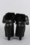 Bamboo Faux Fur Cuff Buckle Strap Heeled Ankle Boots