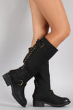 Contrast Zipper Studded Round Toe Riding Knee High Boot