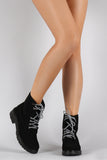 Bamboo Shearling Cuff Round Toe Lace Up Combat Work Ankle Boots