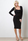 Drape Front Long Sleeve Midi Cocktail Dress