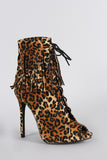 Liliana Leopard Fringe Cuff Corset Laces Peep Toe Booties