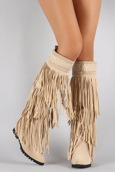 Fringe Woven Pointy Toe Knee High Hidden Wedge Boot