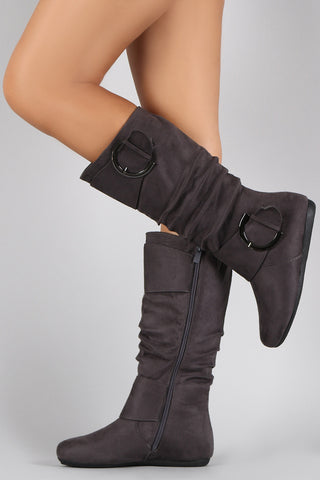 Faux Suede Slouchy Buckled Flat Boots