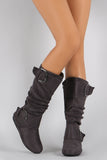 Faux Suede Slouchy Buckled Flat Boots