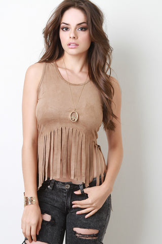 Vegan Suede High Low Fringe Sleeveless Crop Top