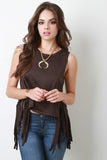 Vegan Suede Sleeveless Plunging Armholes Side Fringe Top