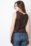 Vegan Suede Sleeveless Plunging Armholes Side Fringe Top