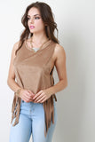 Vegan Suede Sleeveless Plunging Armholes Side Fringe Top