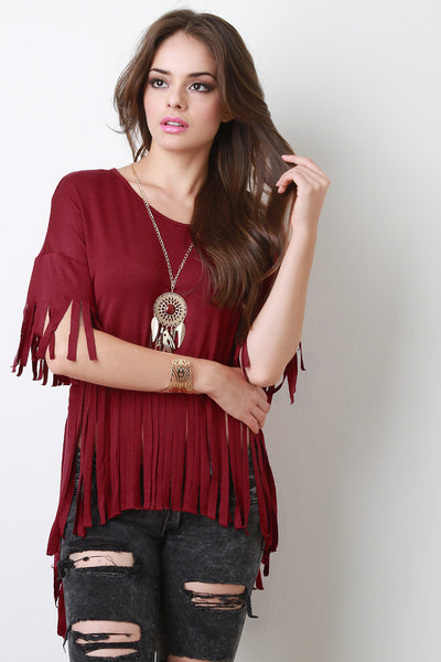 Boho Necklace Fringe Cut High Low Short Sleeves Tee