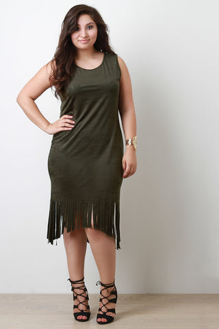 Suede High-Low Fringe Midi Dress