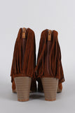 Suede Fringe Ruched Round Toe Heeled Western Ankle Boots