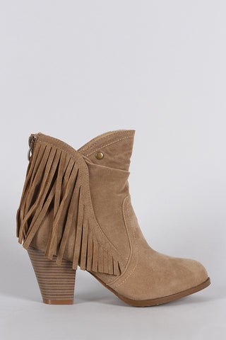 Suede Fringe Ruched Round Toe Heeled Western Ankle Boots