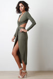 Jersey Knit Surplice Long Sleeves Open Back Midi Dress