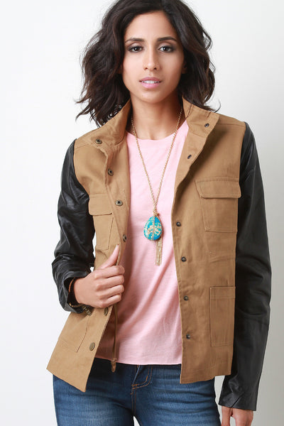 Vegan Leather Sleeve Button-Up Cargo Jacket