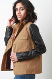 Vegan Leather Sleeve Button-Up Cargo Jacket