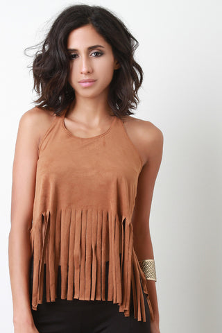 Suede Fringe Open Back Halter Sleeveless Top