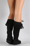 Soda Suede Fringe Round Toe Lace Up Moccasin Flat Boots