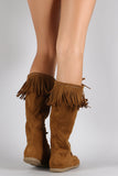 Soda Suede Fringe Round Toe Lace Up Moccasin Flat Boots