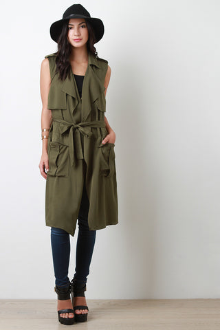 Pocket Belted Draped Lapel Trench Vest