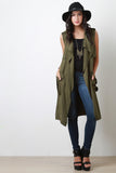 Pocket Belted Draped Lapel Trench Vest