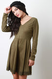 Crochet Trim Long Sleeve A-Line Dress