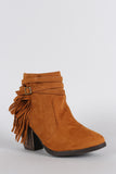 Dollhouse Suede Belted Fringe Chunky Heel Booties