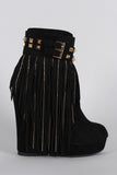 Studded Suede Chain Fringe Platform Wedge Bootie