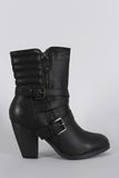 Zipper Strappy Buckle Quilted Chunky Heeled Mid Calf Boots