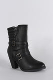 Zipper Strappy Buckle Quilted Chunky Heeled Mid Calf Boots