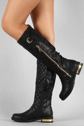 Quilted Zipper Trim Buckle Riding Knee High Boot