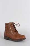 Quilted Zipper Trim Round Toe Lace Up Combat Ankle Boots