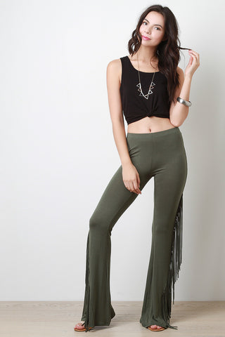 Jersey Knit Side Fringe Flared Bottom Pants