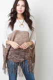 Fringed Hem Multi-Tone Knit Poncho Top