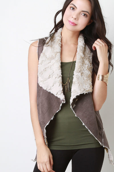 Vegan Suede-Fur Cascade Open Front Vest