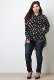 Horse Print Collar Button Up Long Cuff Sleeves High Low Top