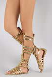 Metallic Strappy Buckle Open Toe Gladiator Knee High Flat Sandals