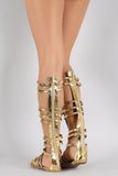 Metallic Strappy Buckle Open Toe Gladiator Knee High Flat Sandals