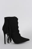 Suede Perforated Fringe Pointy Toe Stiletto Booties