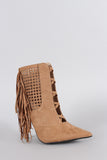 Suede Perforated Fringe Pointy Toe Stiletto Booties