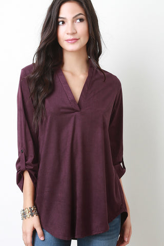 Suede Split V-Neck Long Sleeves Top