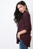 Suede Split V-Neck Long Sleeves Top