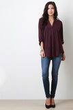 Suede Split V-Neck Long Sleeves Top