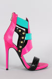 Colorblock Strappy Spiked Snake Embossed Open Toe Stiletto Heel