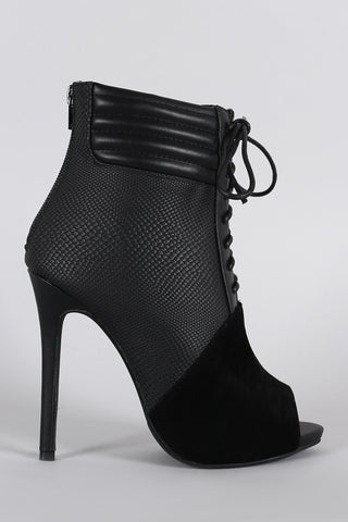 Lizard And Suede Lace Up Peep Toe Stiletto Booties