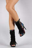 Geometric Print Buckle Fringe Peep Toe Stiletto Mid Calf Boots