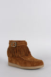 Bamboo Buckle Fringe Moccasin Hidden Wedge Booties