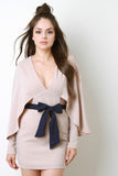 Suede Bow Belt Long Sleeve Cape Dress