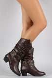 Studded Buckle Strap Slouchy Cowgirl Mid Calf Boots