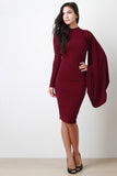 Open Back Mock Neck One Shoulder Cape Long Sleeves Midi Dress