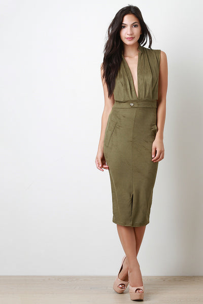 Suede Deep-V Sleeveless Cocktail Midi Dress